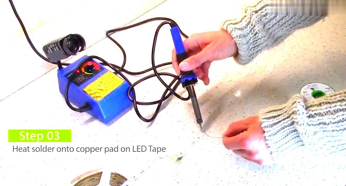 Heat solder onto copper pad on led tape